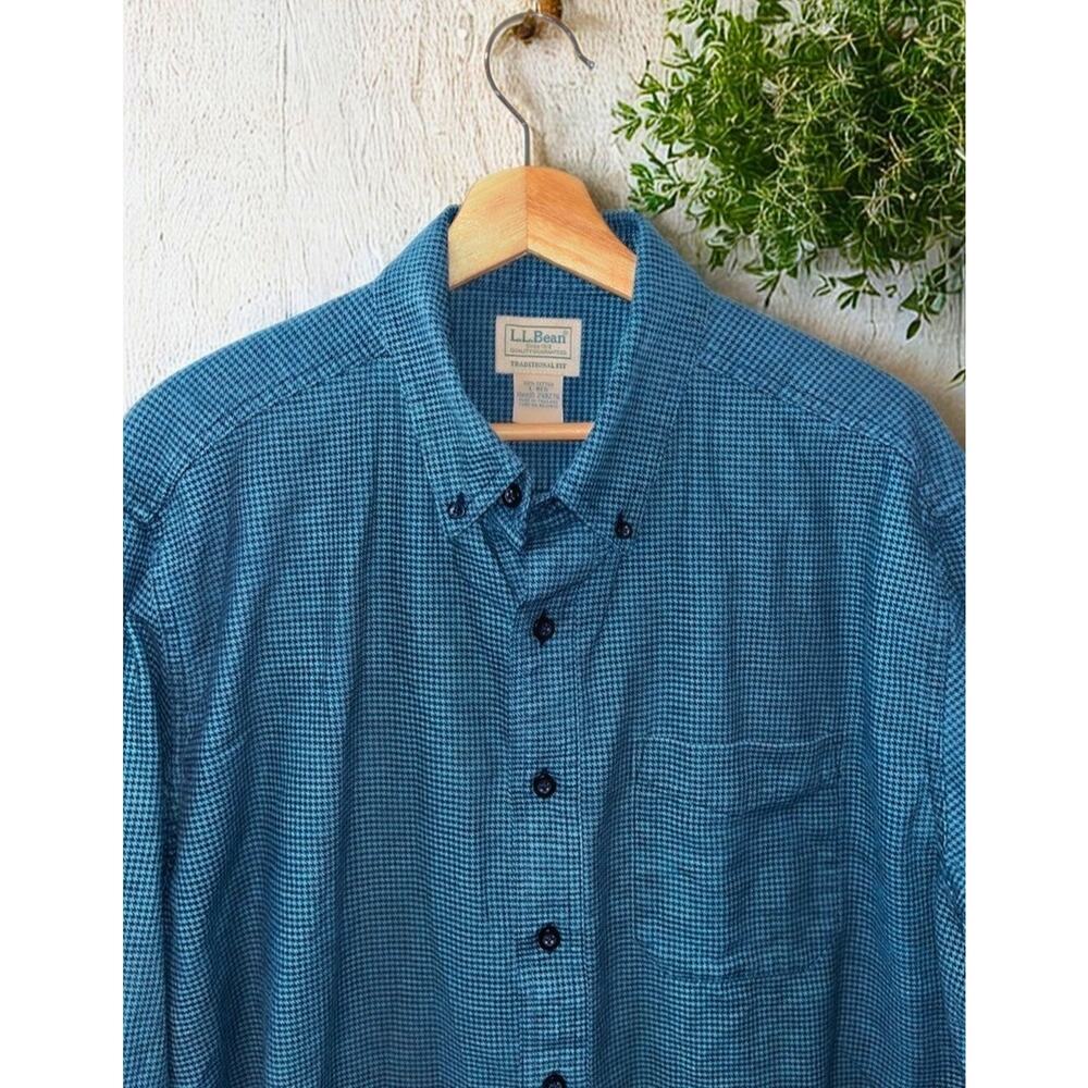 LL Bean Large Blue Green Houndstooth Button Down Shirt Traditional Fit Cotton - Picture 6 of 7